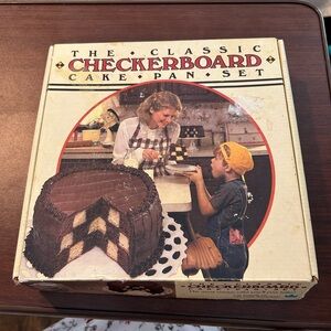 Classic Checkerboard Cake Pan Set, recipe, pans, and divider included. Unused